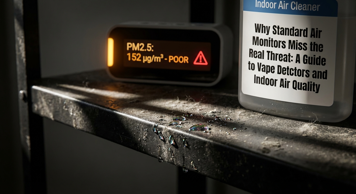 Indoor air quality blog post: PM2.5 monitor showing poor air quality next to cleaner.